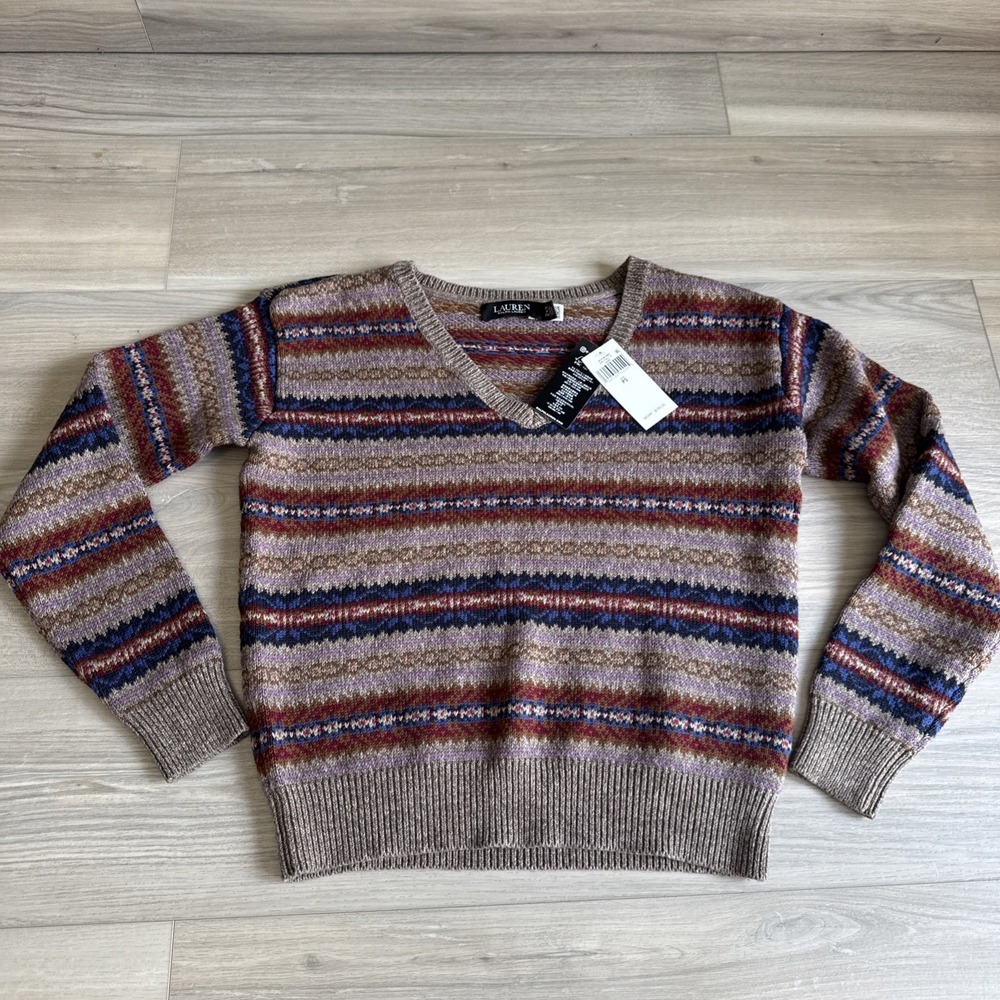 Lauren Ralph Lauren Fair Isle Sweater Womens Petite SM V Neck Cotton Linen NWT